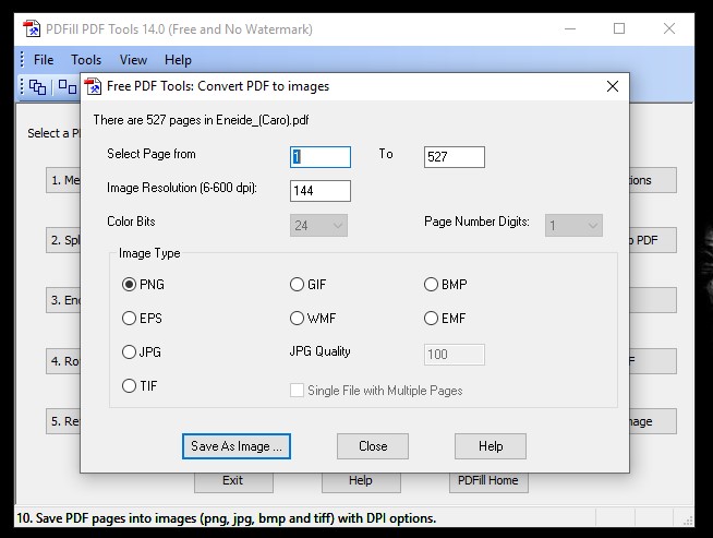 Finestra impostazioni per convertire documento PDF in immagini